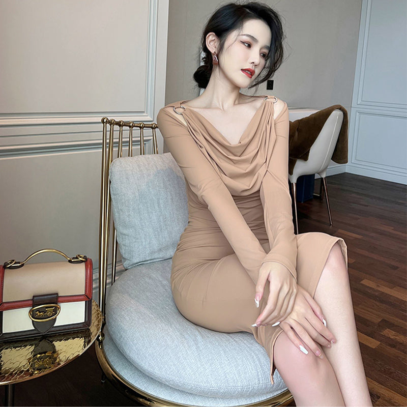 オープンショルダーリングコンビリブニットワンピース