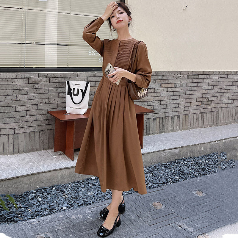 フロントプリーツラウンドネックワンピース(2colors)