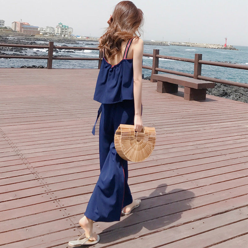 マルチストライプストラップキャミソール×サイドラインワイドパンツ