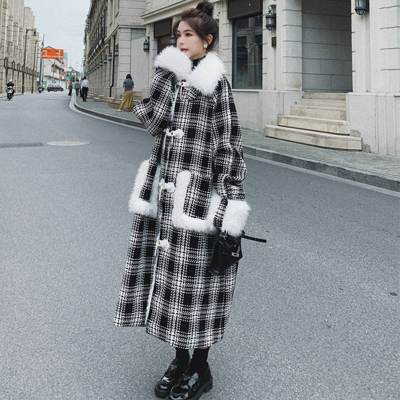 ファーコンビチェック柄ロングコート