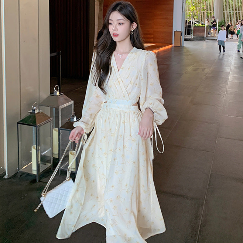 ウエストオープンカシュクール花柄ロングワンピース