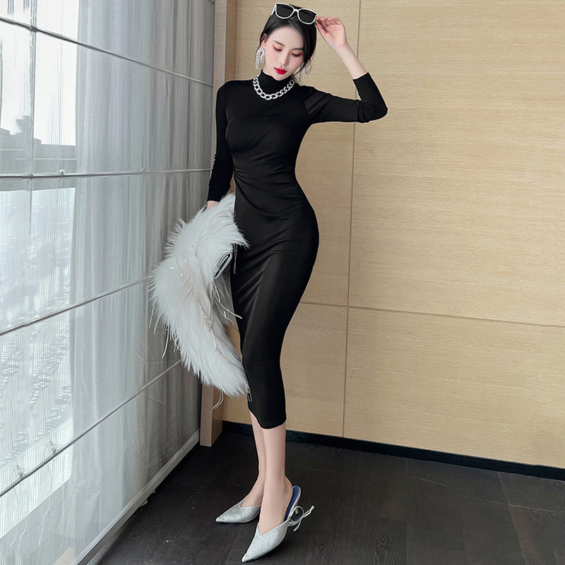 ハイネックウエストギャザーペンシルロングワンピース(3colors)