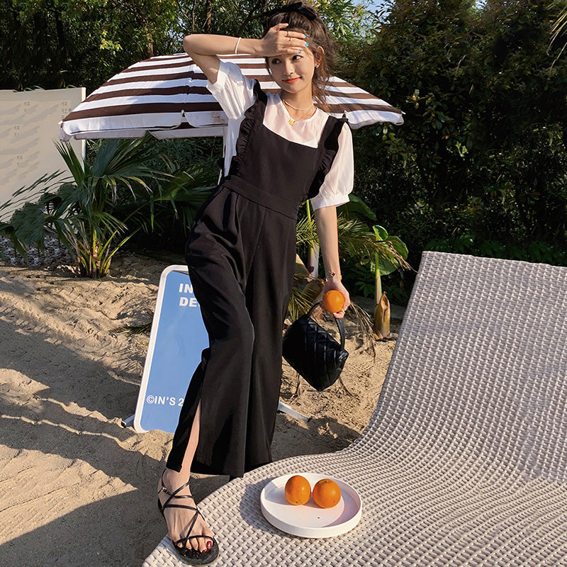 バルーン袖シアーブラウス×フリルショルダーサロペット