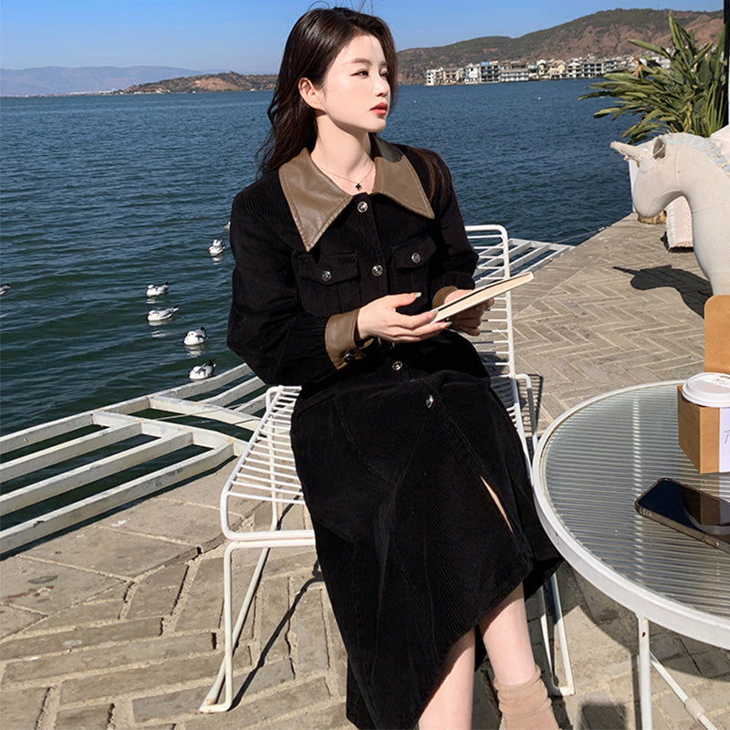 コーデュロイブラックロングワンピース