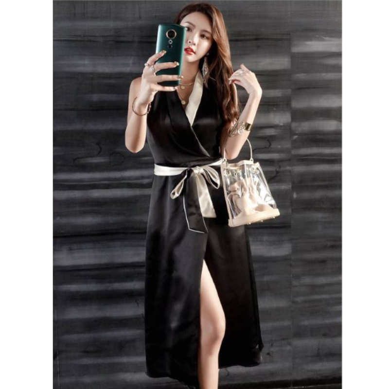 ウエストリボンバイカラーカシュクールサテンワンピース