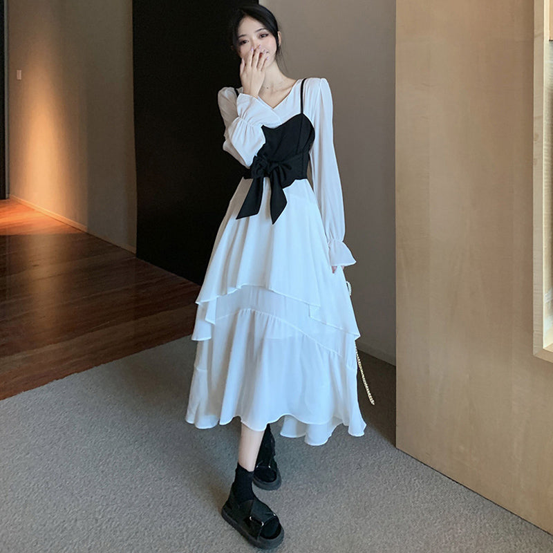 リボンビスチェコンビネーションティアードワンピース