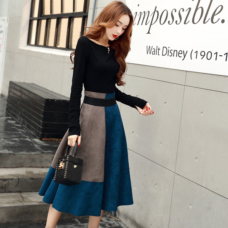 ボートネックトップス×カラーパネルフレアスカート(2colors)