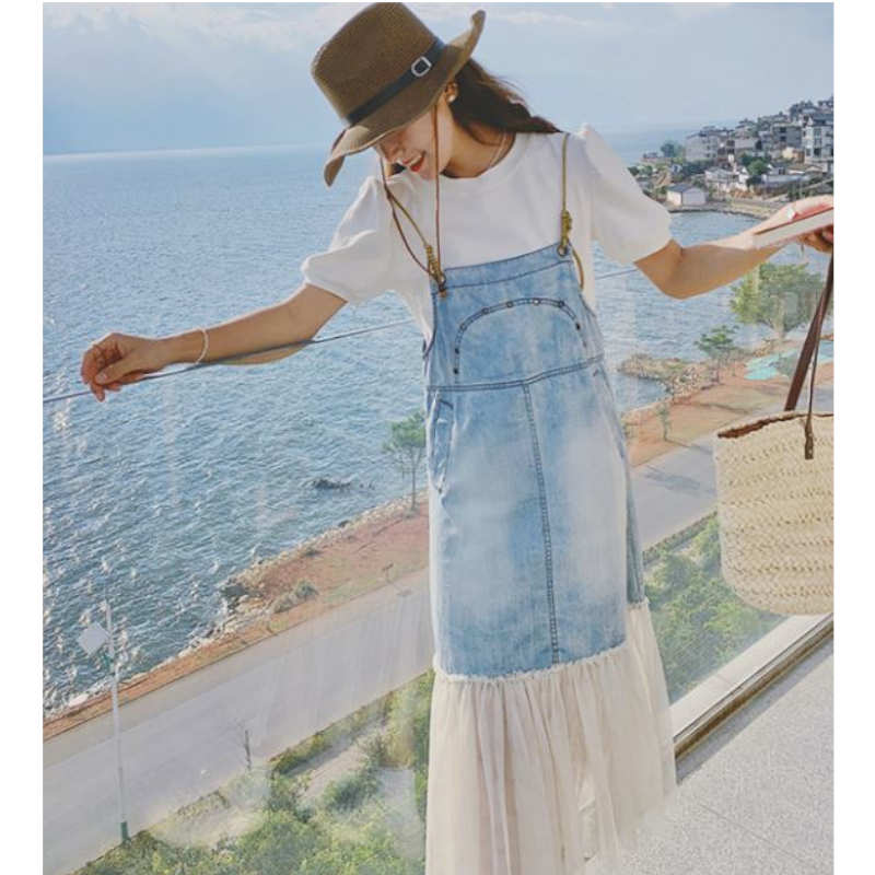 シアーフリルヘムデニムサロペットワンピース