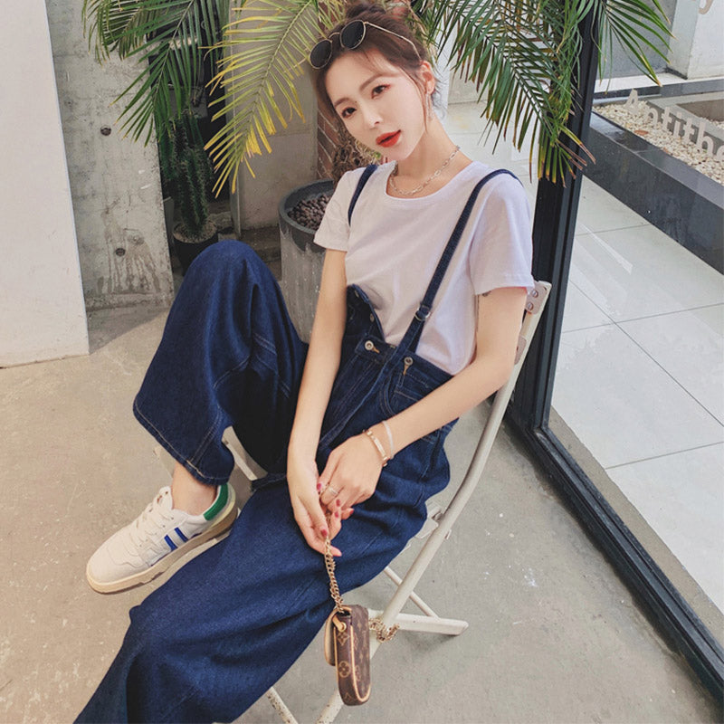 Tシャツ×サスペンダー付きアシメウエストワイドデニムパンツ