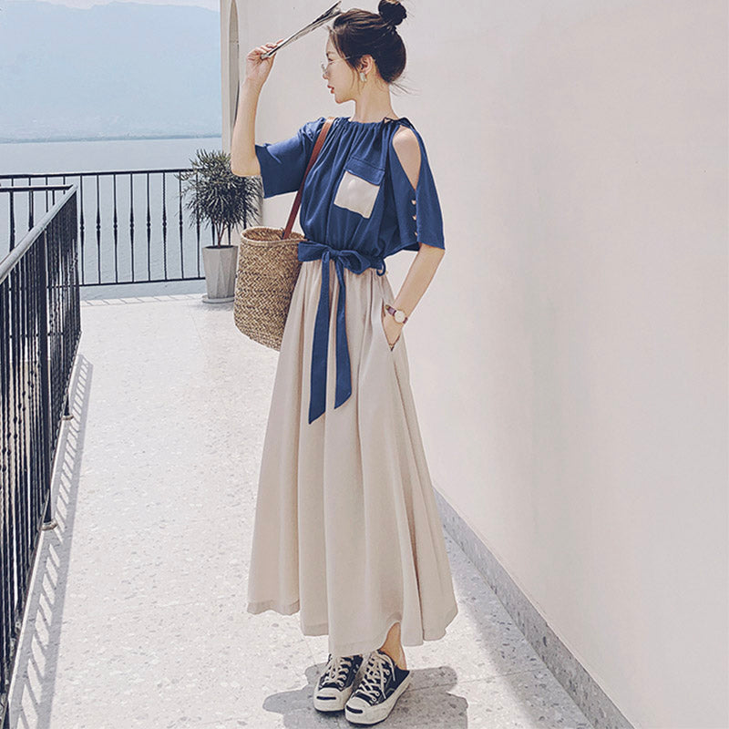 バイカラーウエストリボンギャザーロングワンピース(2colors)