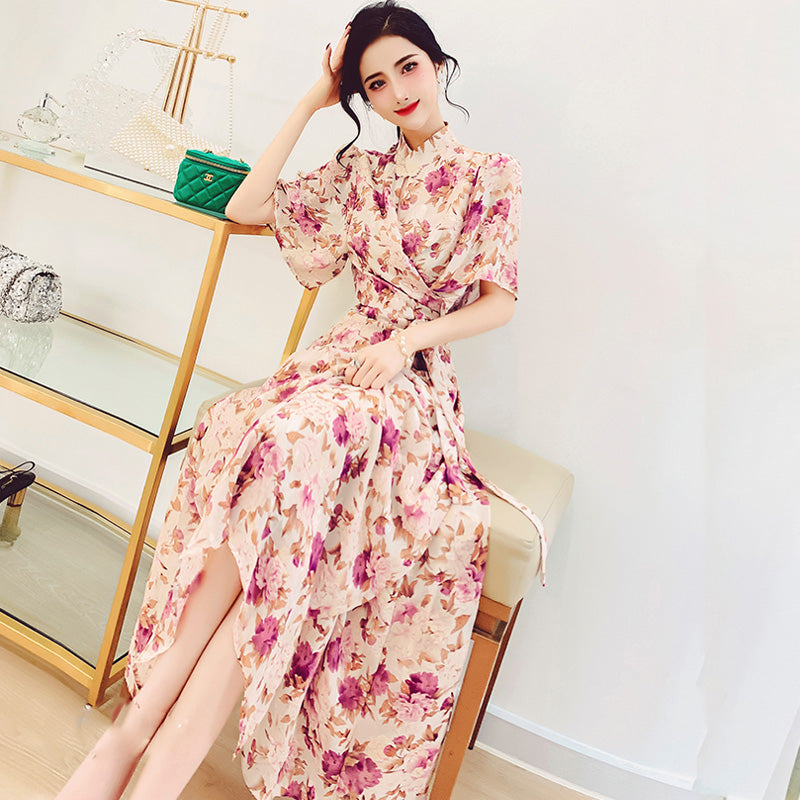 スタンドカラー花柄プリントアシメタックロングワンピース
