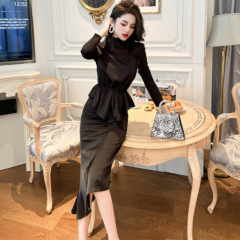 ハイネックペプラムトップ×アシンメトリースカート(2colors)