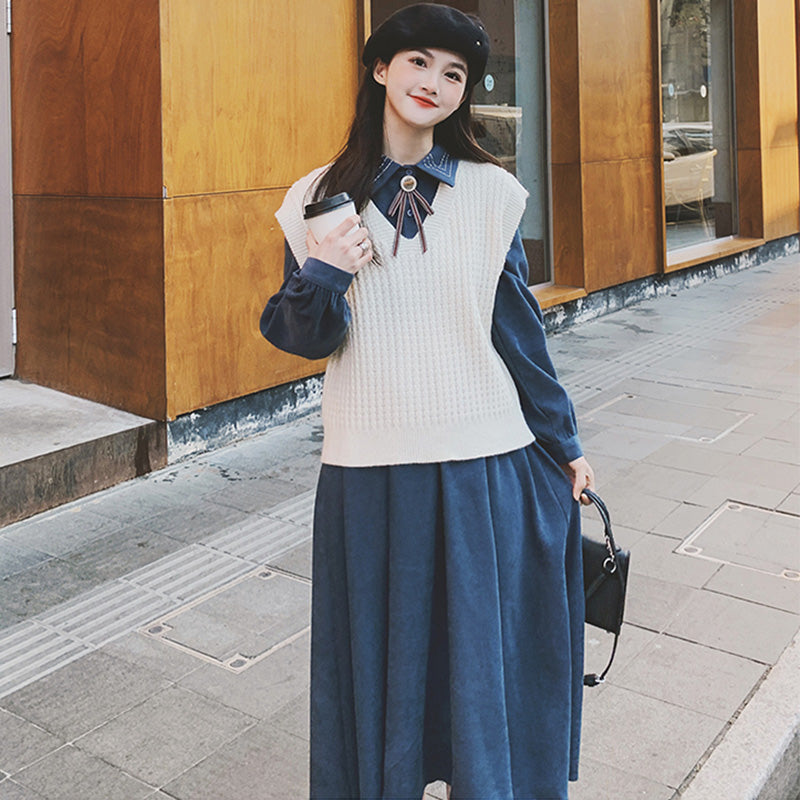 フレンチスリーブニットベスト×デニムシャツワンピース