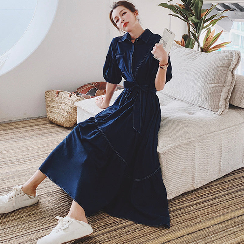 バルーンスリーブアシメティアードシャツワンピース