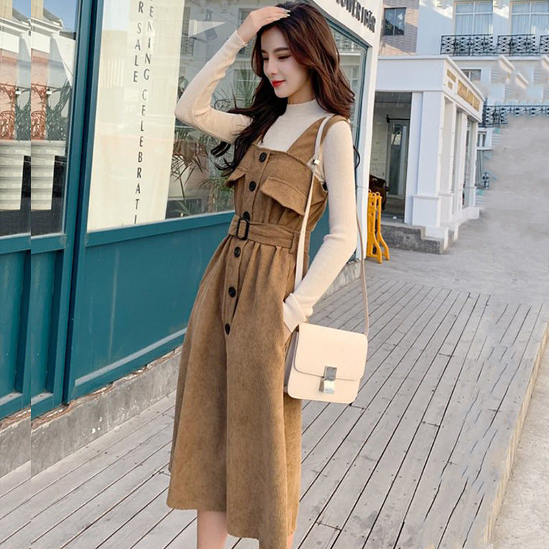 ボトルネックリブニット×コーデュロイサロペットワンピース(2colors)