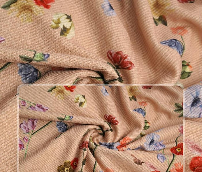 スリーブコンシャススクエアネック花柄ニットワンピース