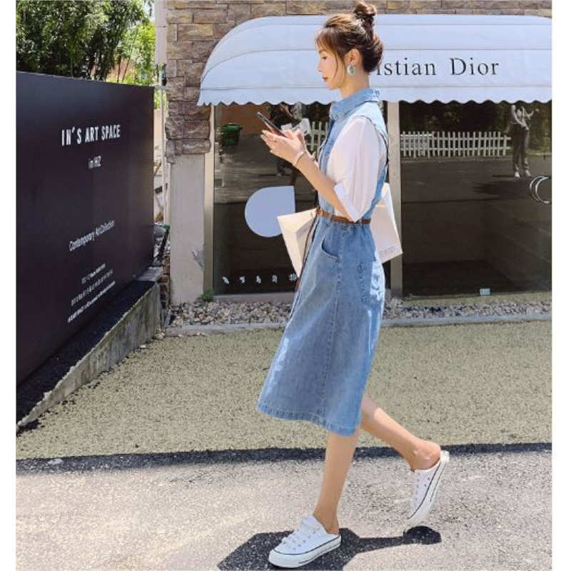 異素材スリーブフロントボタンデニムワンピース