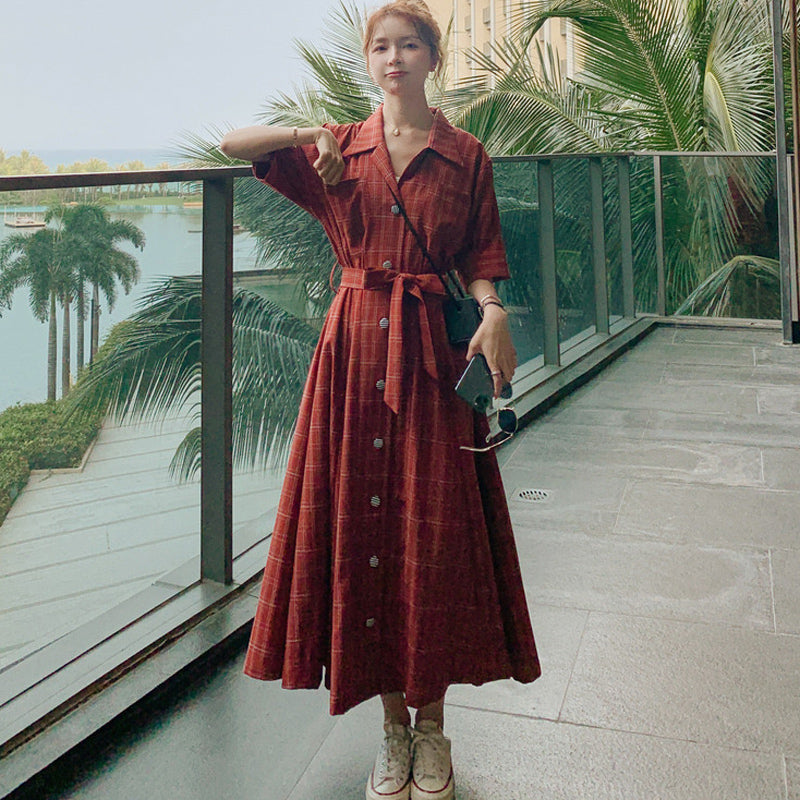 ウエストリボンチェックシャツワンピース(2colors)