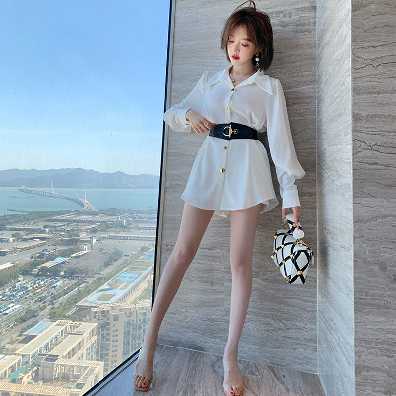 ウエストベルト付きロング開襟シャツ×ショート丈パンツ