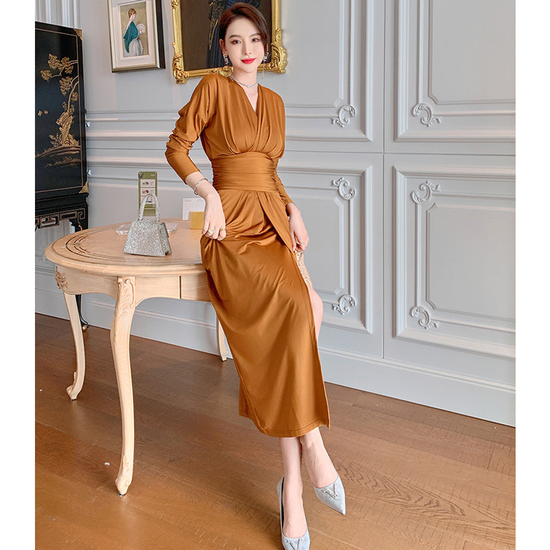 カシュクールウエストマークスリットワンピース(3colors)