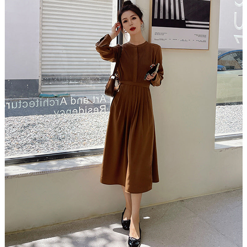 フロントプリーツラウンドネックワンピース(2colors)