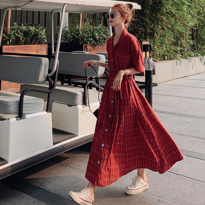 ウエストリボンチェックシャツワンピース(2colors)