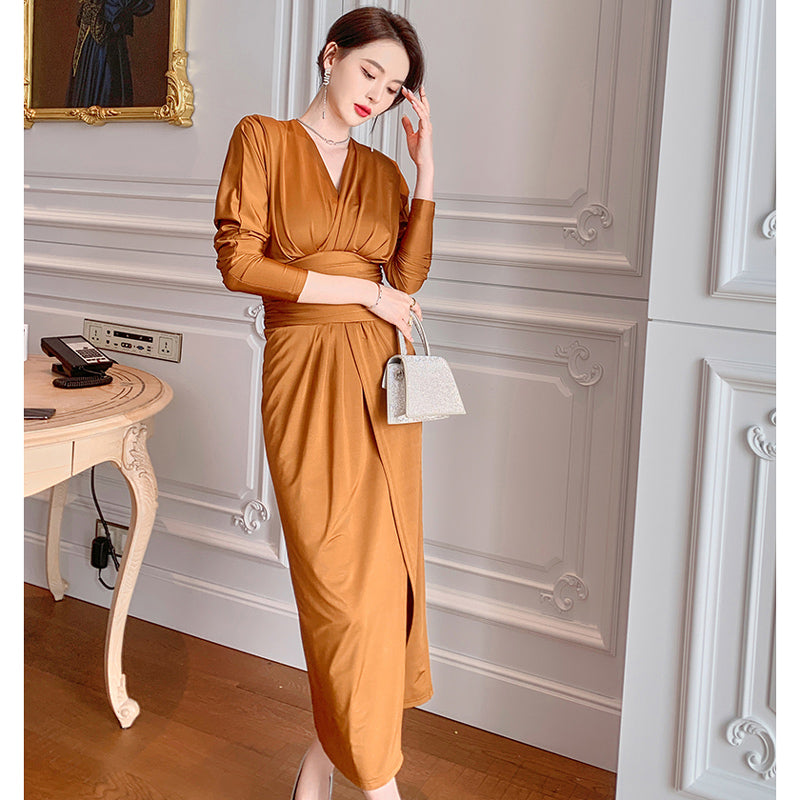 カシュクールウエストマークスリットワンピース(3colors)