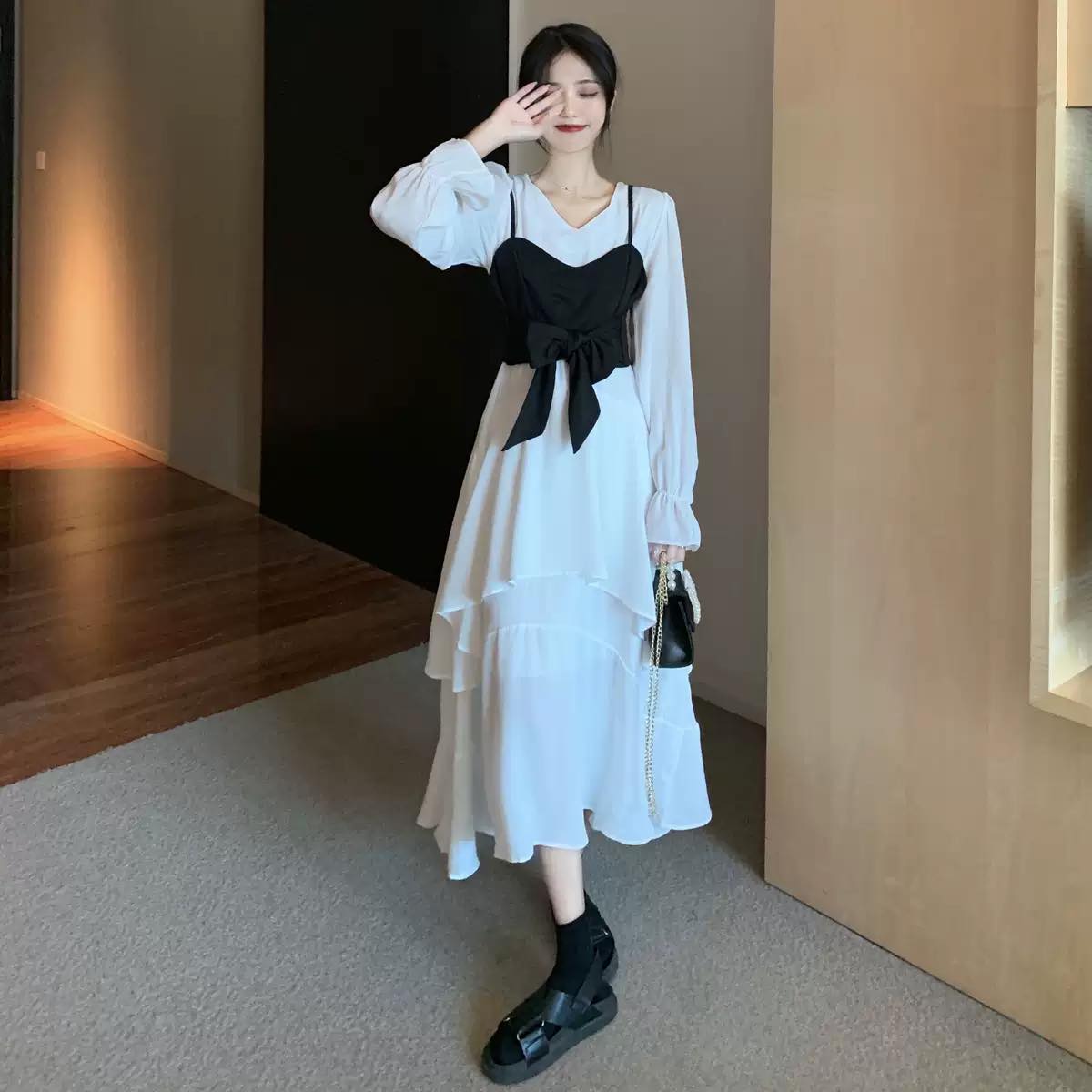 リボンビスチェコンビネーションティアードワンピース