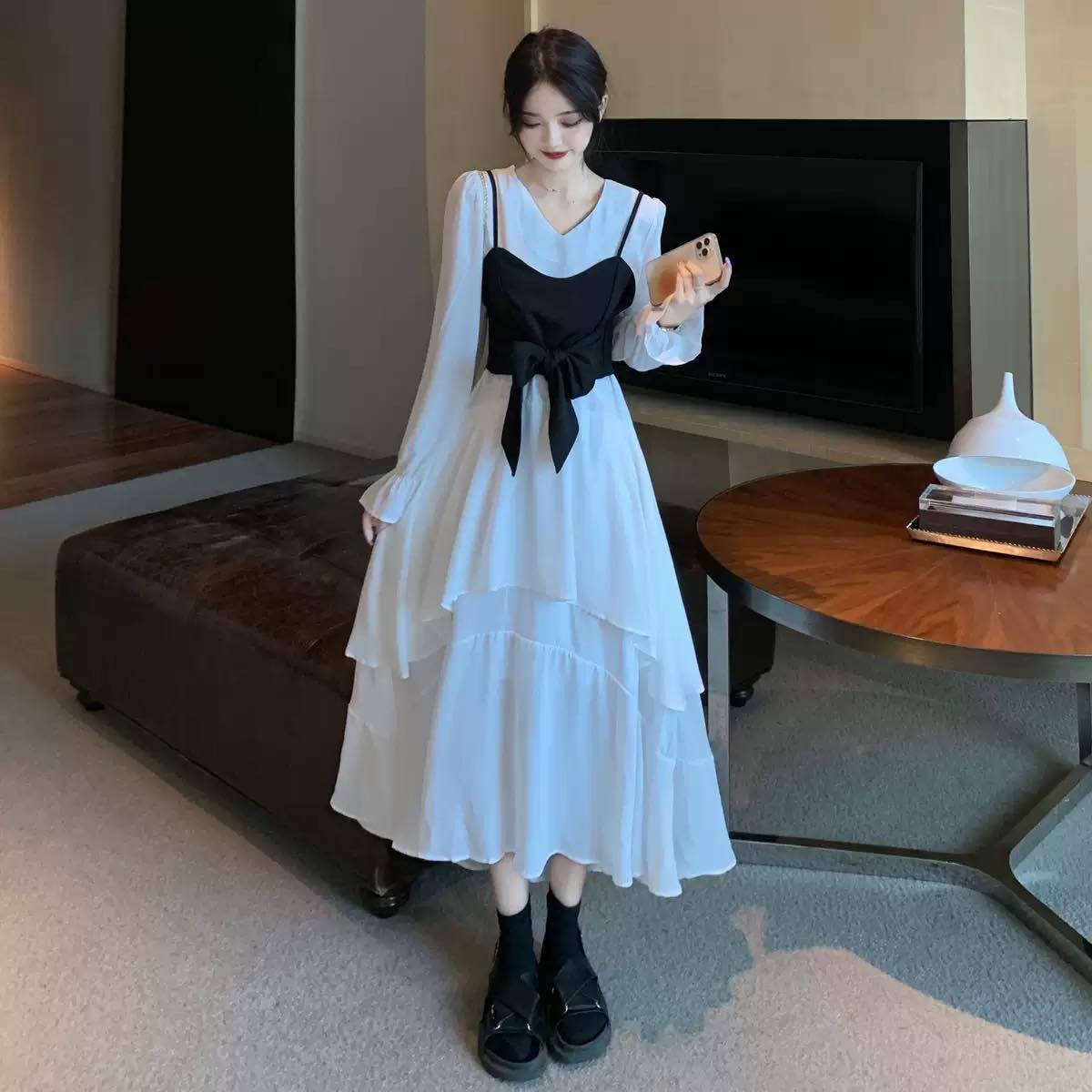 リボンビスチェコンビネーションティアードワンピース