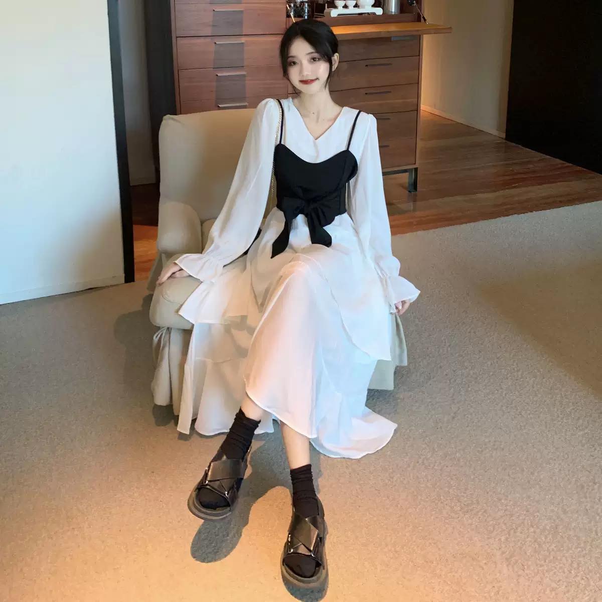 リボンビスチェコンビネーションティアードワンピース