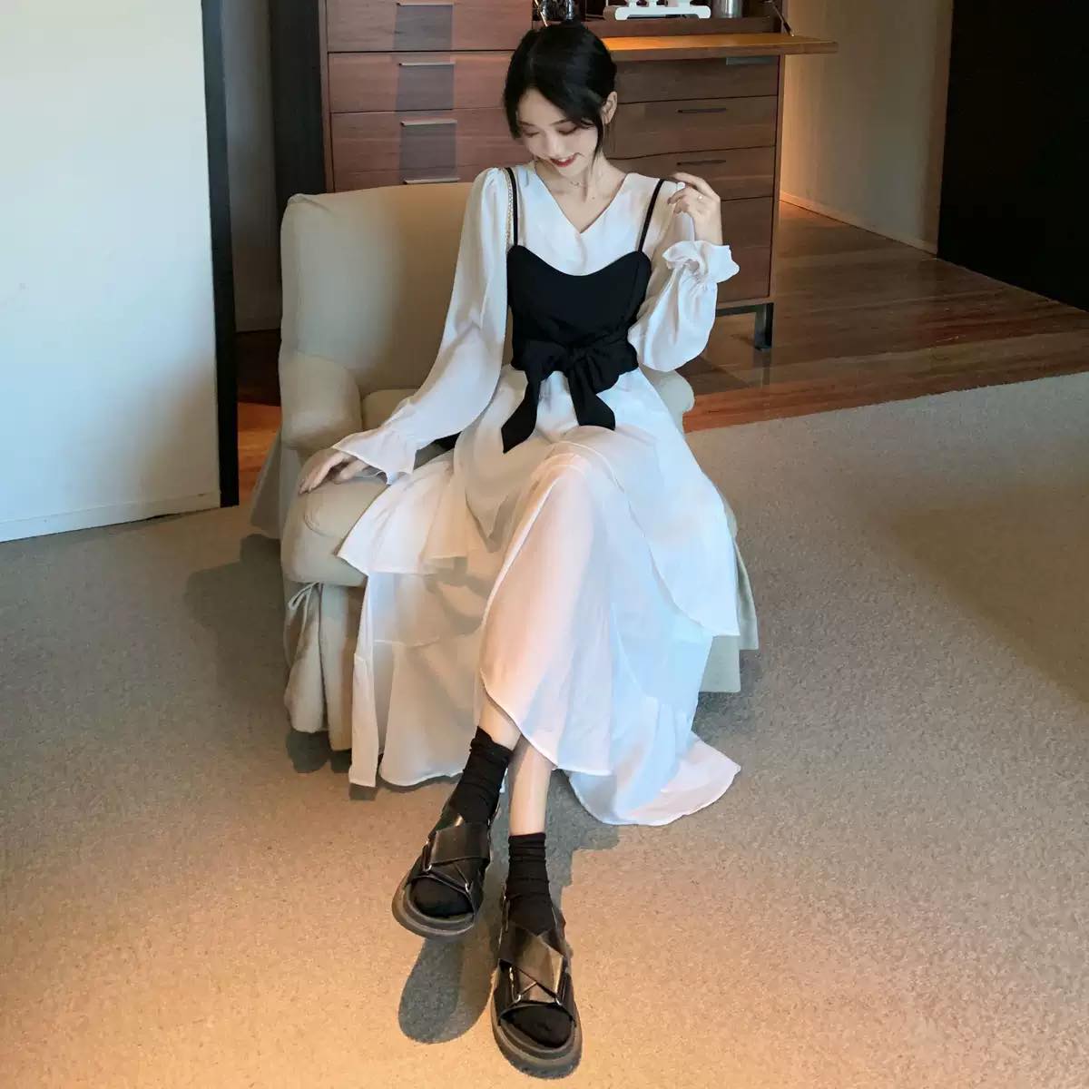 リボンビスチェコンビネーションティアードワンピース