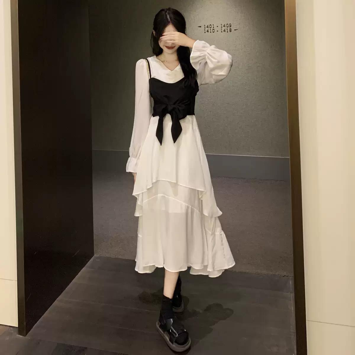 リボンビスチェコンビネーションティアードワンピース