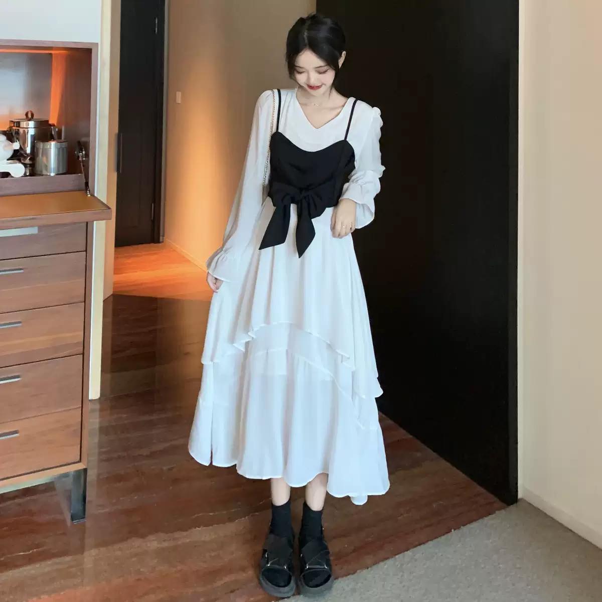 リボンビスチェコンビネーションティアードワンピース