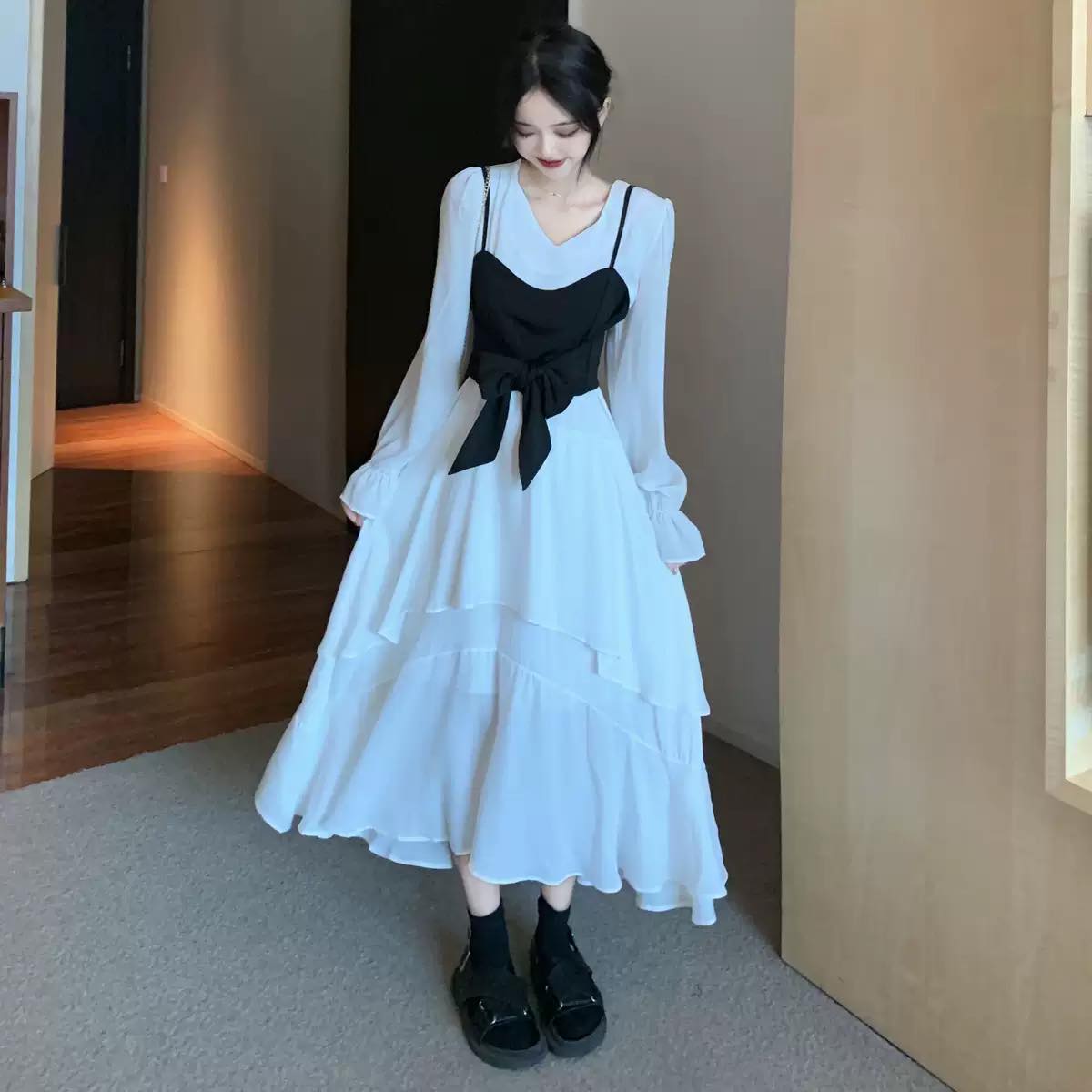 リボンビスチェコンビネーションティアードワンピース