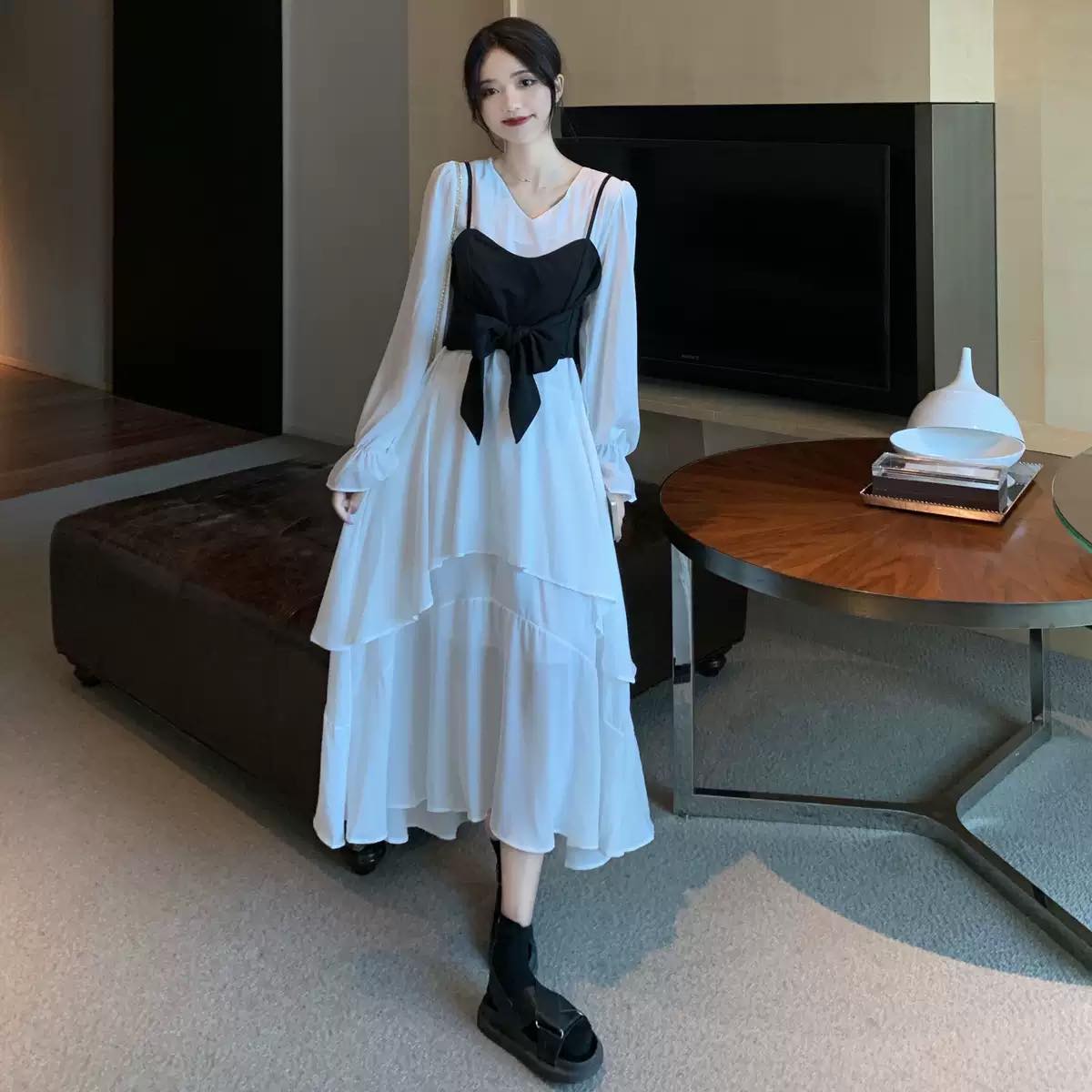 リボンビスチェコンビネーションティアードワンピース