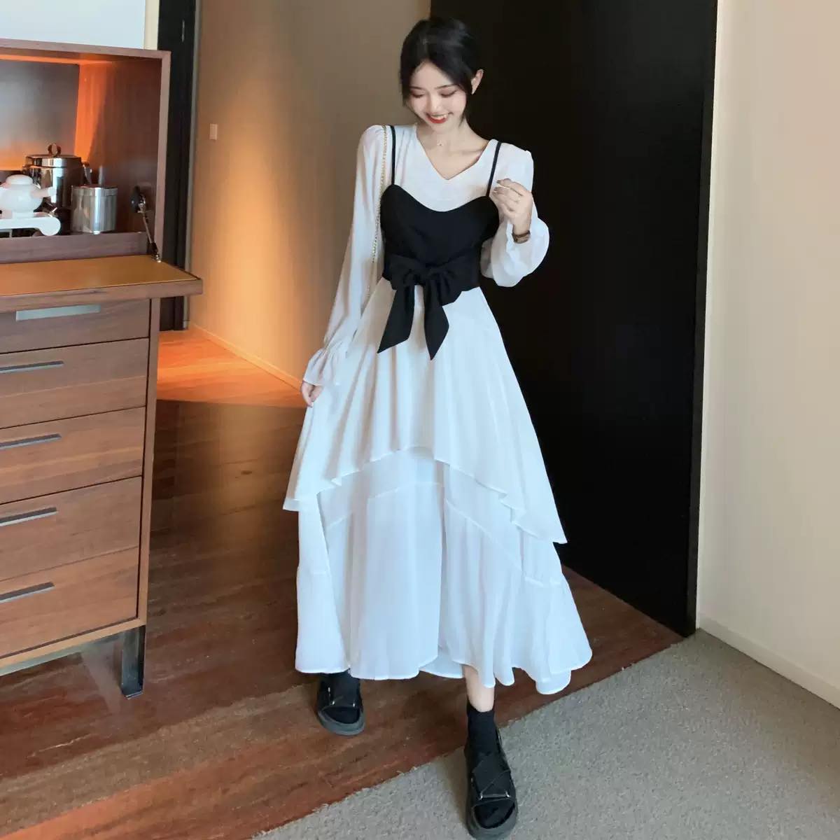 リボンビスチェコンビネーションティアードワンピース