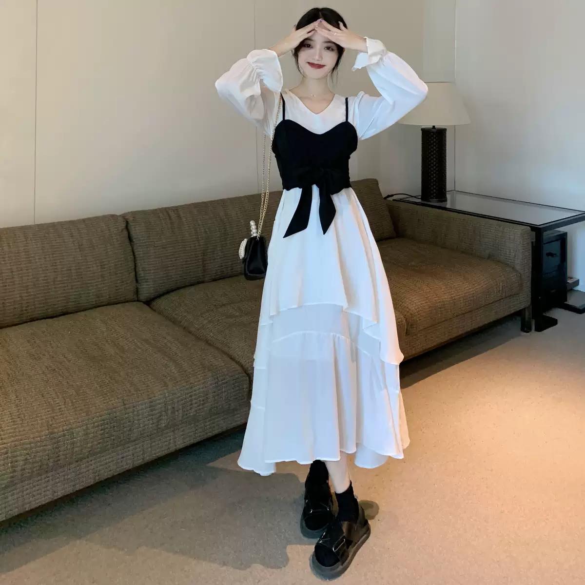 リボンビスチェコンビネーションティアードワンピース