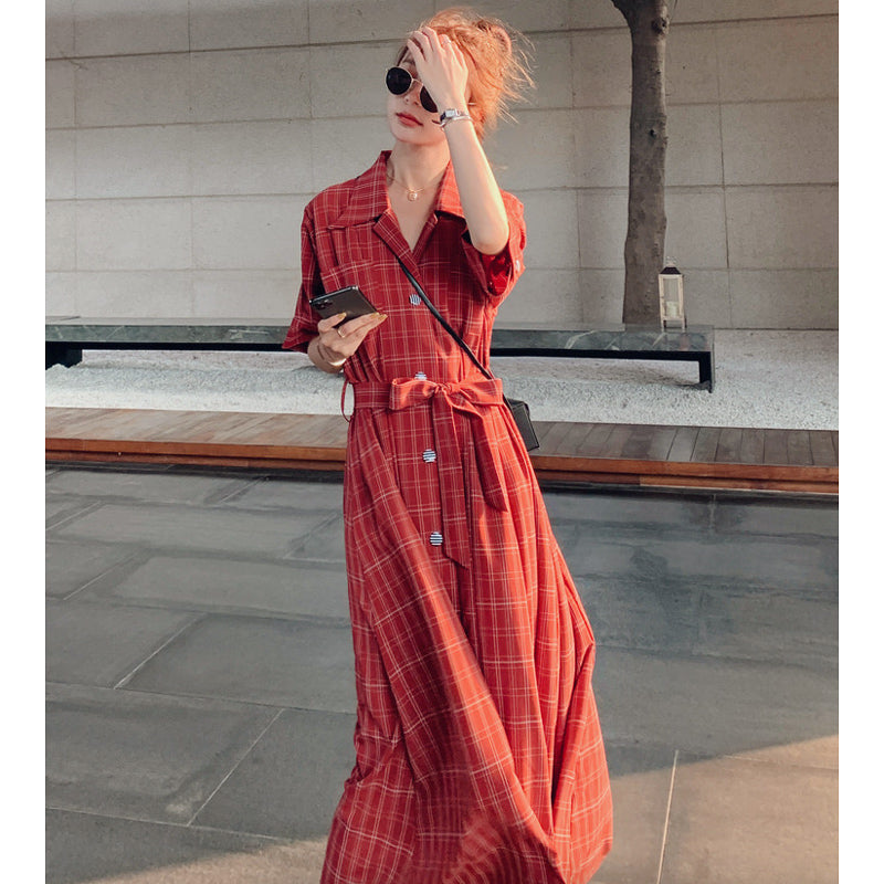 ウエストリボンチェックシャツワンピース(2colors)