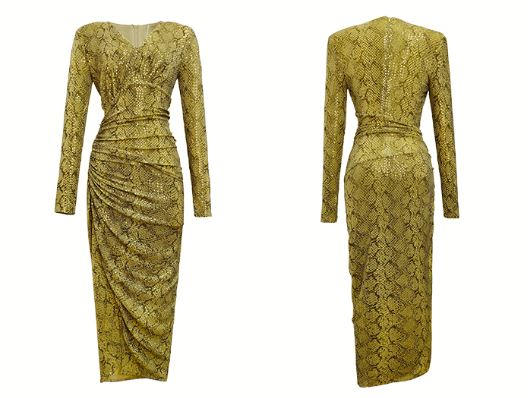 スパンコールフロントギャザーイレヘムパイソンワンピース