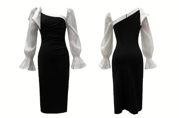 異素材スリーブコンシャスアシメスリットワンピース