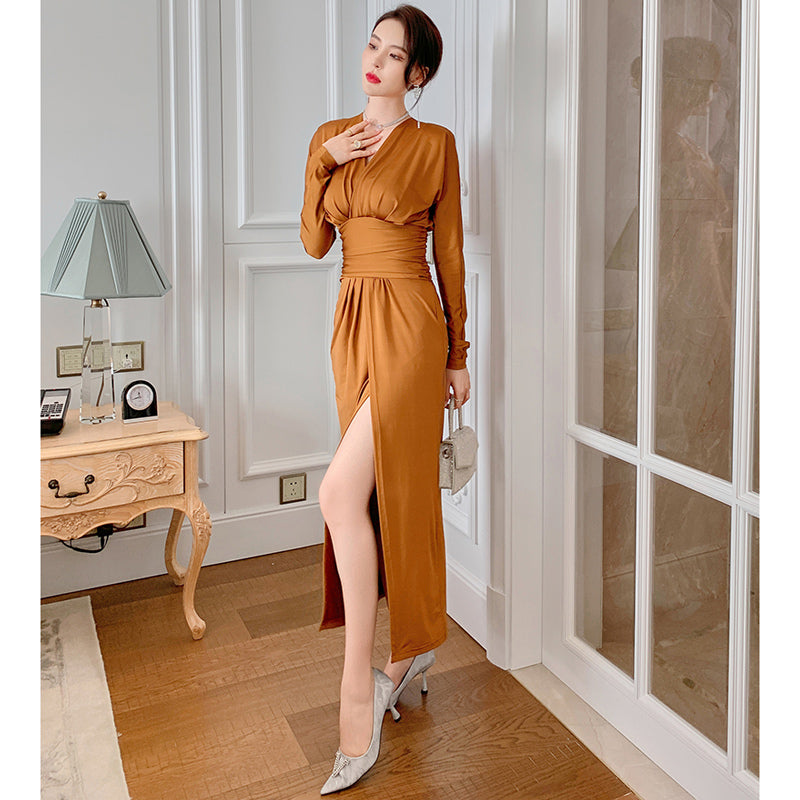 カシュクールウエストマークスリットワンピース(3colors)