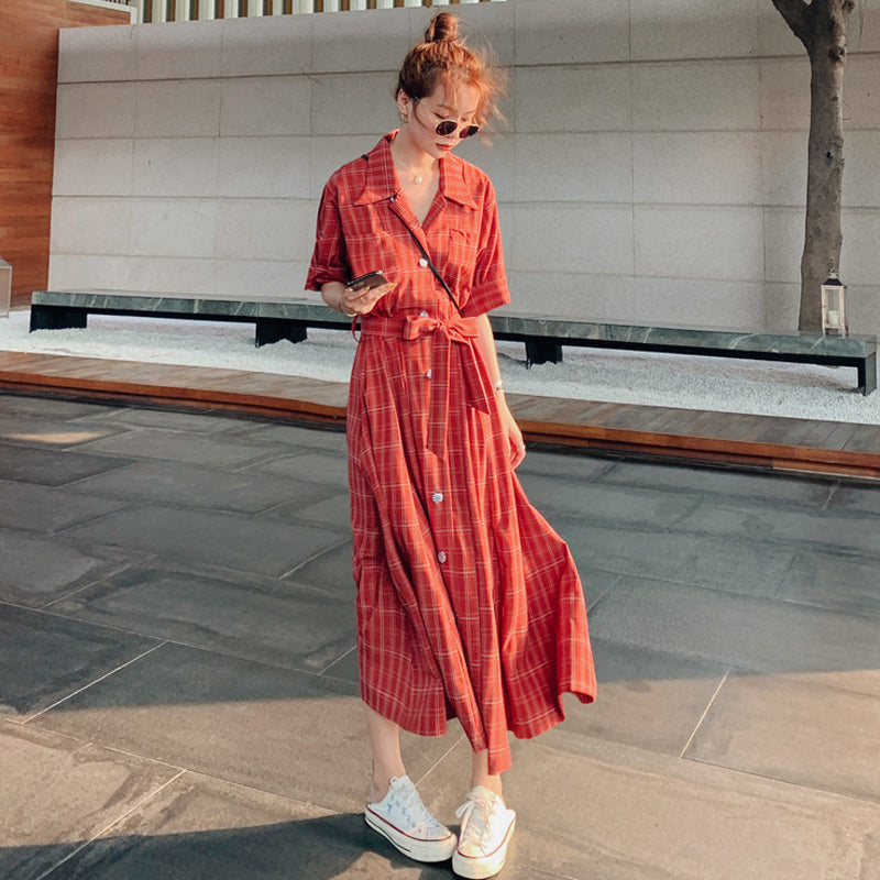 ウエストリボンチェックシャツワンピース(2colors)