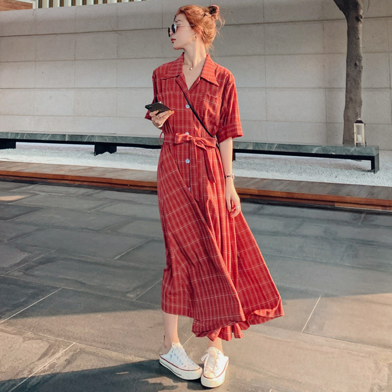 ウエストリボンチェックシャツワンピース(2colors)