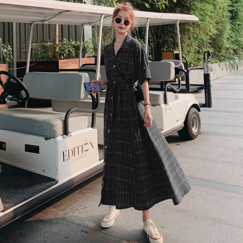 ウエストリボンチェックシャツワンピース(2colors)