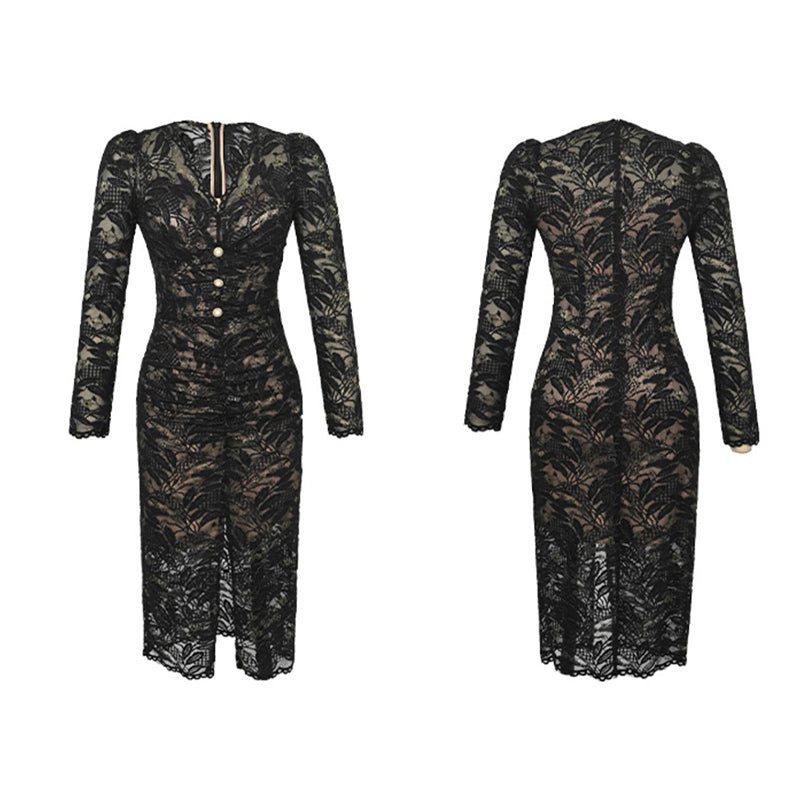 Vネックタイト総レーススリットワンピース