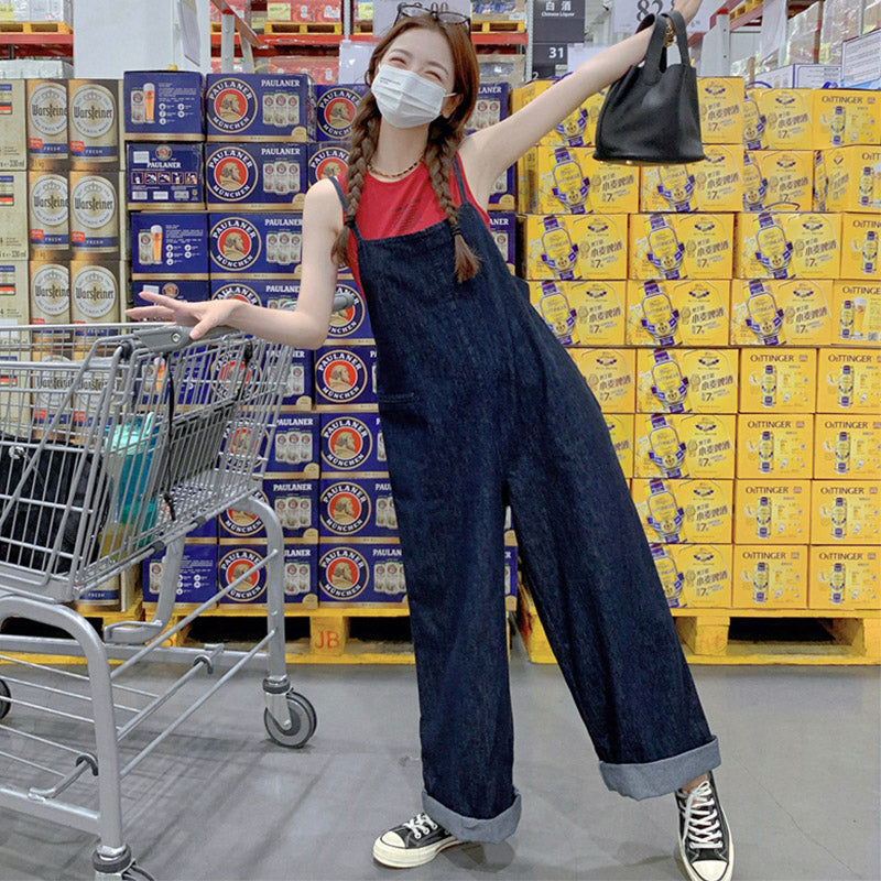 【即納】バックリボンデニムワイドサロペットパンツ