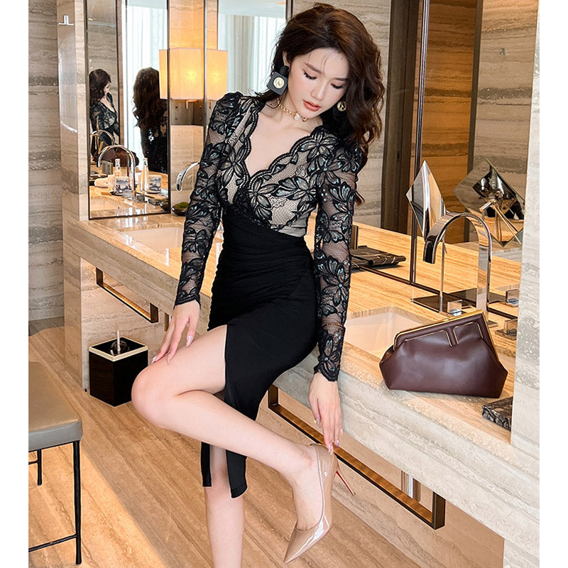 グラマラスレースコンビスリットペンシルワンピース