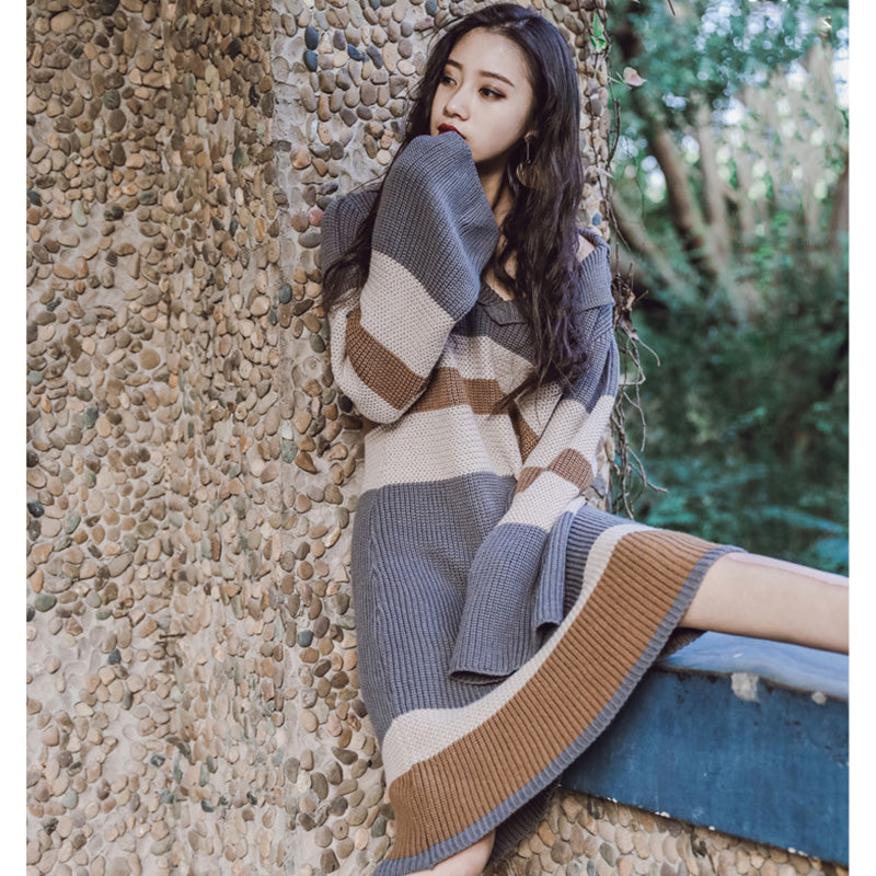 開襟マルチボーダーニットワンピース