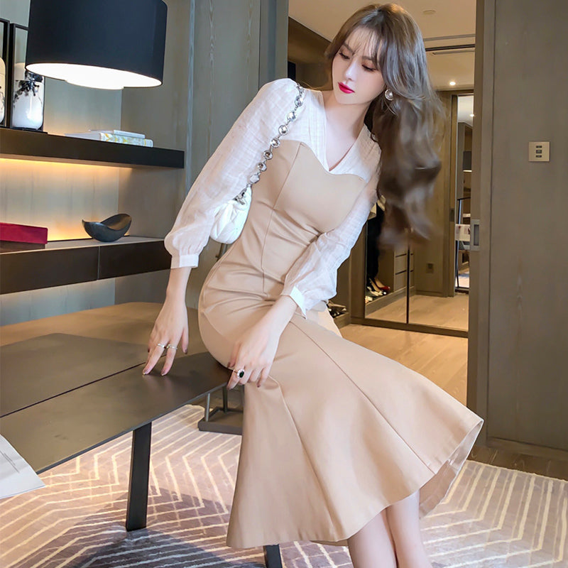 パフスリーブブラウスコンビマーメイドワンピース