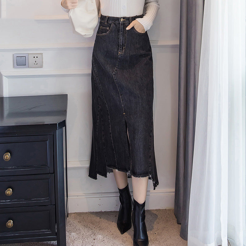 イレヘムカットオフフロントスリットデニムスカート